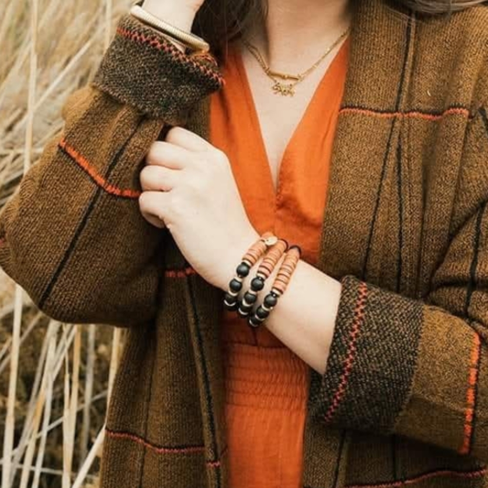 NEW Plunder Fall Colors Three Wood Beaded Elastic Bracelet Set